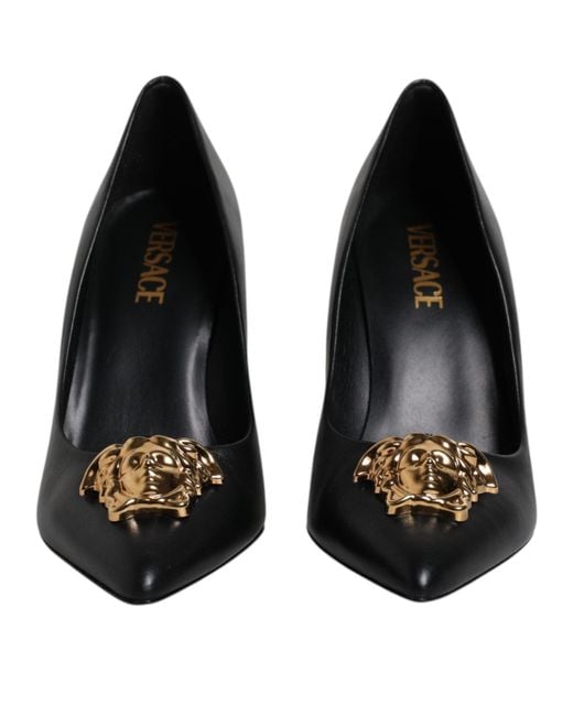 Versace Black Leather Logo Plaque High Heels Pumps Shoes