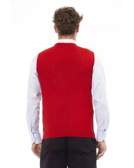 Alpha Studio Red Elegant V-neckline Vest Fine Rib Knit for men