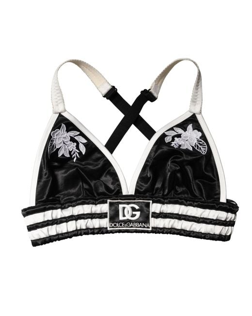 Dolce & Gabbana Black Floral Silk Satin Crop Logo Bralette Top