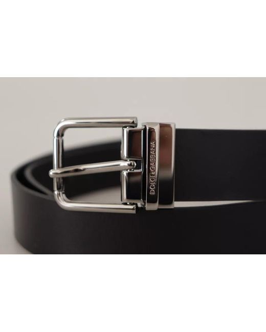 Dolce & Gabbana Black Calf Leather Logo Engraved Metal Buckle Belt for men