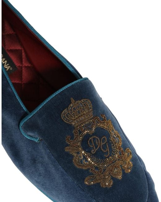 Dolce & Gabbana Blue Velvet Crown Embroidery Loafers Shoes for men