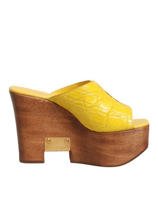 Dolce & Gabbana Yellow Leather Wood Mule Wedge Slides Shoes