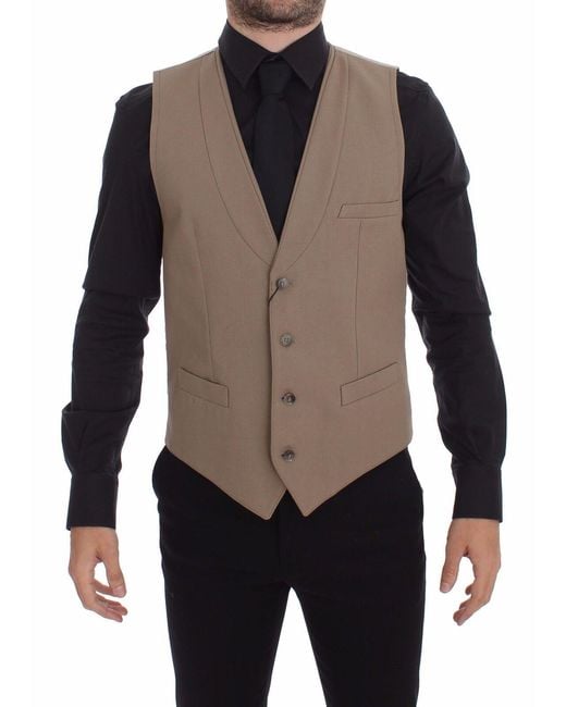 Dolce & Gabbana Black Beige Cotton Slim Fit Button Front Dress Vest for men