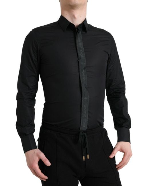 Dolce & Gabbana Black Cotton Logo Formal Gold Dress Shirt for men