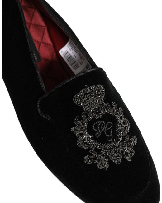 Dolce & Gabbana Black Velvet Crown Embroidery Loafers Shoes for men