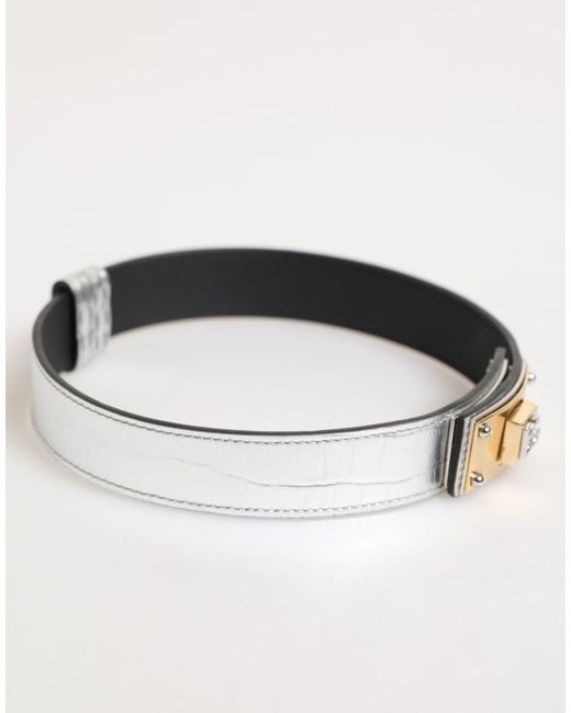 Dolce & Gabbana Black Silver Textured Leather Gold Tone Metal Neckband for men