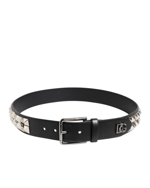 Dolce & Gabbana Black Calf Leather Studded Silver Buckle Belt for men