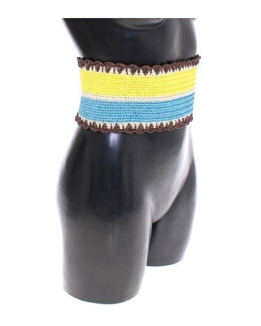 Dolce & Gabbana Gray Yellow Striped Wide Waist Raffia Belt for men