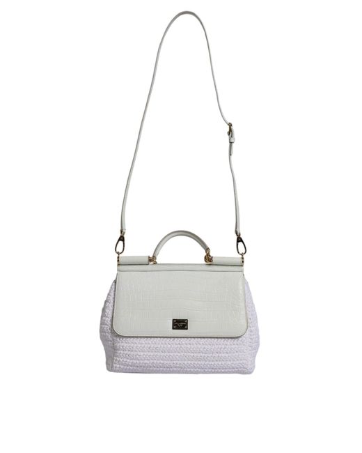 Dolce & Gabbana Gray White Rafia Leather Top Handle Crossbody Bag