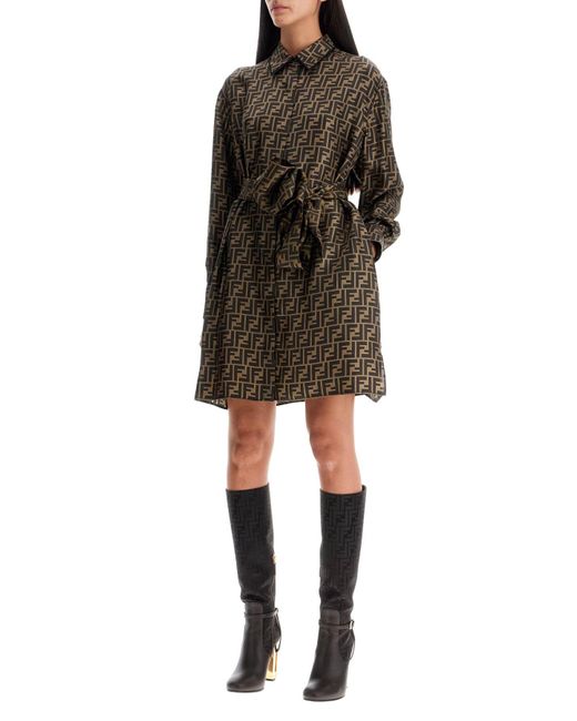 Fendi FF Silk Twill Belted Shirt Dress in Brown