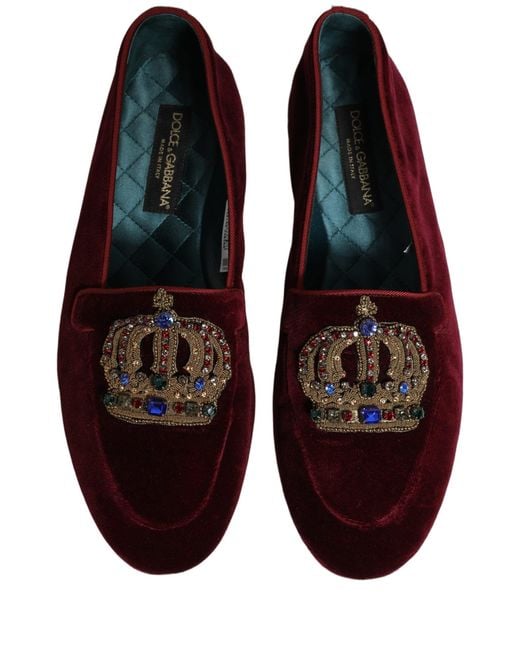 Dolce & Gabbana Red Burgundy Velvet Crown Slip On Loafers Shoes for men