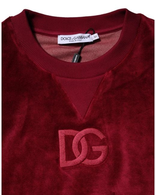 Dolce & Gabbana Red Cotton Velvet Crew Neck Pullover Sweater