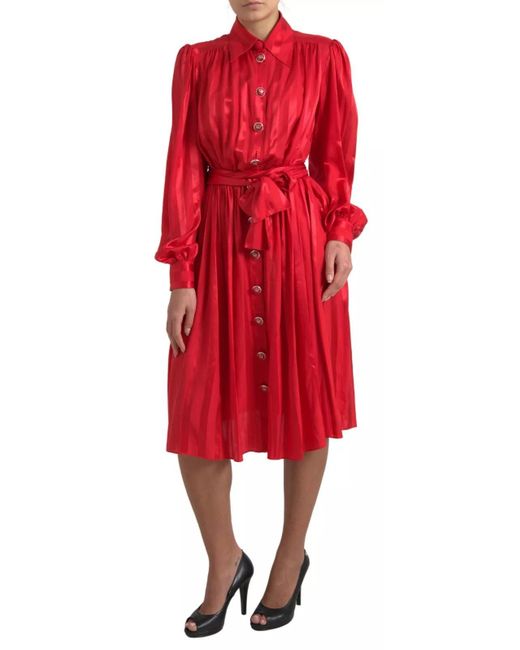 Dolce & Gabbana Red Button Down Belted Midi Satin Silk Dress