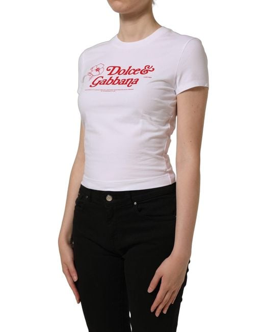 Dolce & Gabbana White Floral Logo Print Crew Neck T