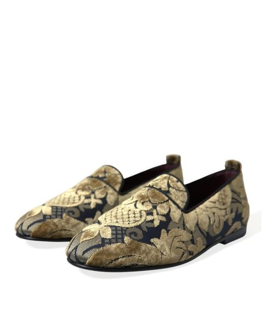 Dolce & Gabbana Green Gold Velvet Brocade Smoking Slipper Dress Shoes for men