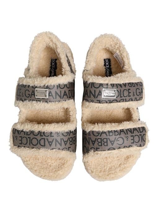 Dolce & Gabbana Natural Beige Faux Fur Logo Print Flats Sandals Shoes for men