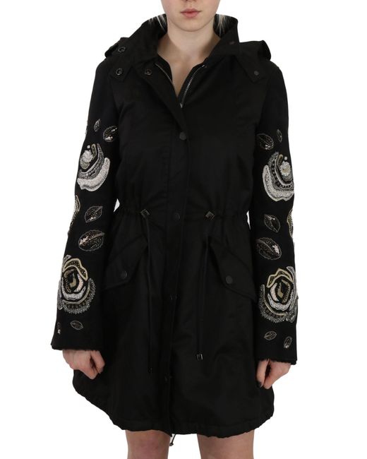 John Richmond Floral Sequined Beaded Hooded Coat Black Jkt2341