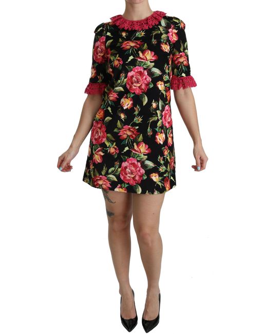 Dolce & Gabbana Black Dolce Gabbana Floral Pink Lace A-line Shift Mini Dress