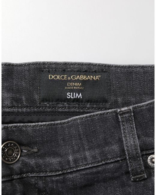 Dolce & Gabbana Black Cotton Slim Fit Distressed Ripped Logo Jeans Clothing for men