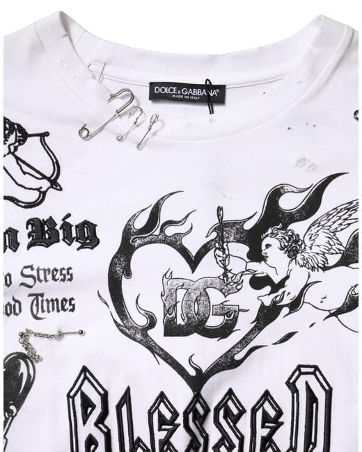 Dolce & Gabbana Gray White Cotton Dg Blessed Printed T