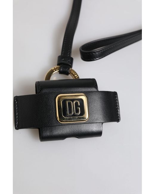 Dolce & Gabbana Black Leather Strap Metal Logo Plaque Airpods Case for men