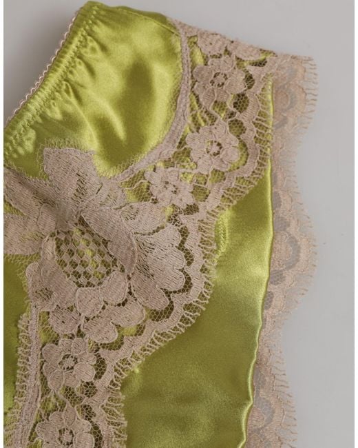 Dolce & Gabbana Green Silk Satin Floral Lace Trim Panty Underwear Clothing