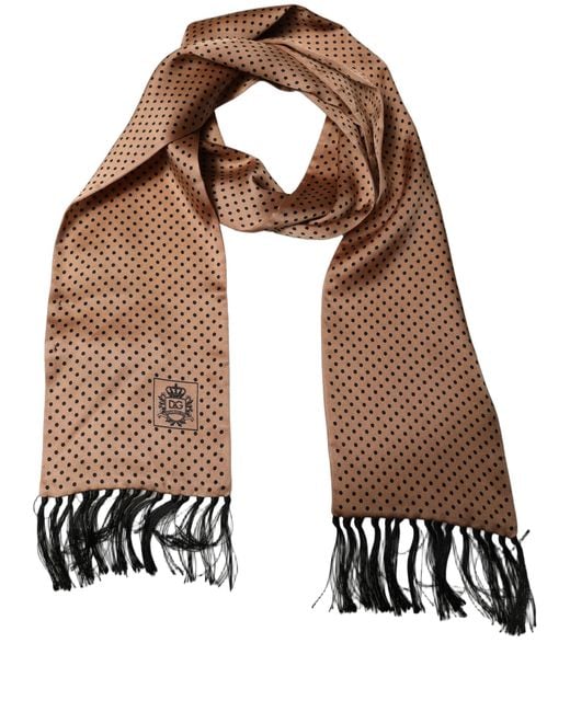 Dolce & Gabbana Brown Silk Dotted Fringed Neck Shawl Scarf for men