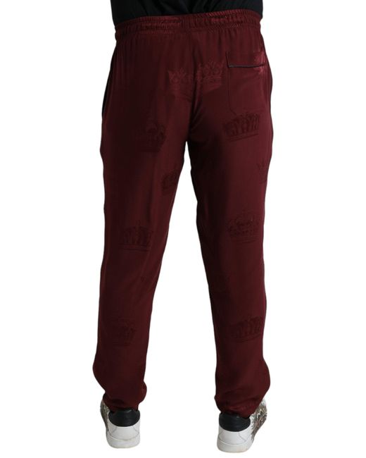Dolce & Gabbana Red Maroon Crown Pattern Silk Pajama Pants for men