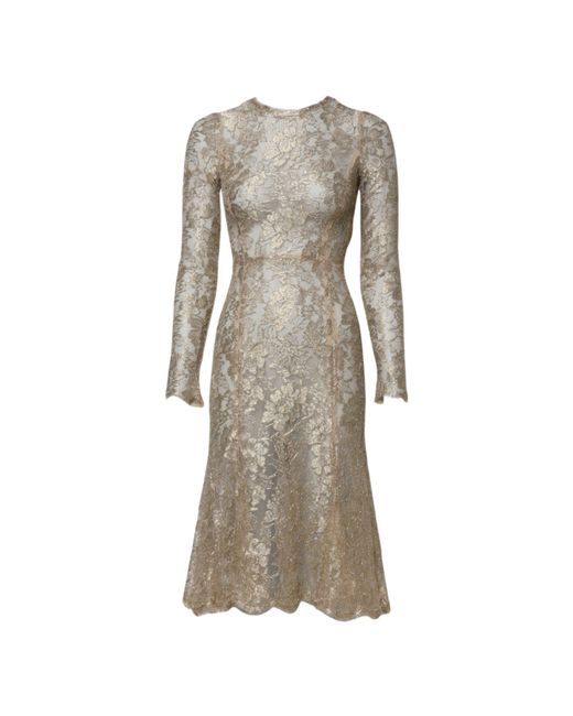 Dolce & Gabbana Natural Floral Lace Long Sleeves Fit & Flare Dress