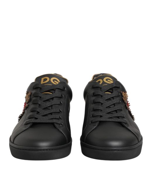 Dolce & Gabbana Brown Black Leather Heart Embellished Sneakers Shoes for men