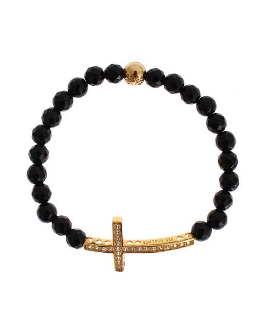 Nialaya Black Agate Stone Gold Cz Cross 925 Silver Bracelet