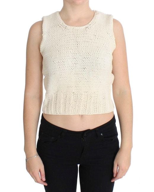 Pink Memories White Cotton Blend Knitted Sleeveless Sweater