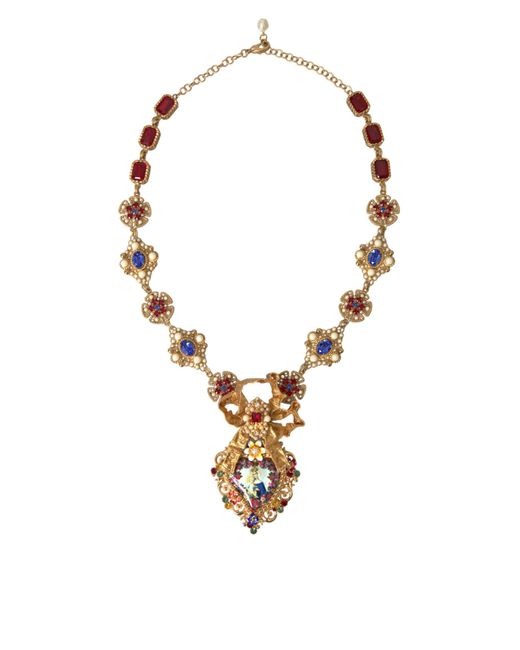 Dolce & Gabbana Metallic Brass Mama Mary Crystal Pearl Embellished Necklace