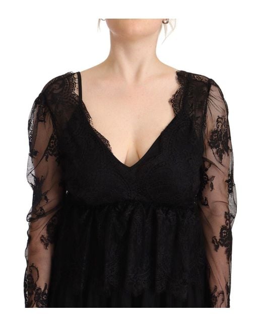 Aniye By Black Floral Lace Cotton Long Sleeves V-neck Shift Dress