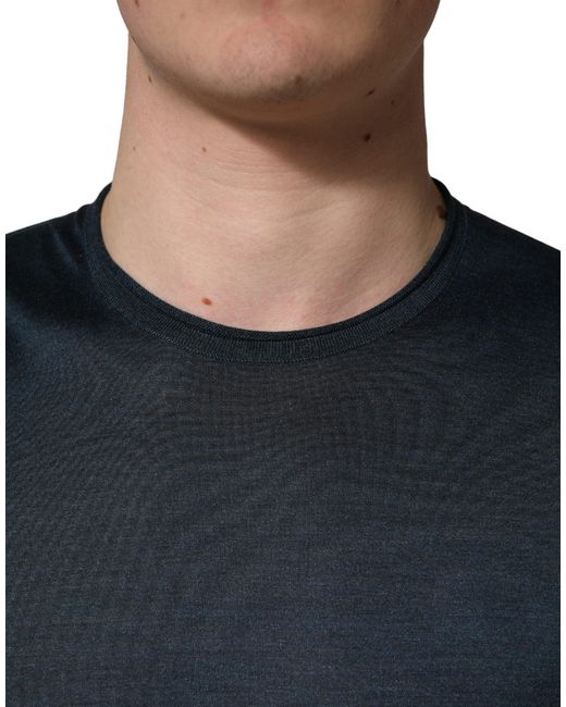 Dolce & Gabbana Black Dark Blue Silk Crew Neck Short Sleeve T for men