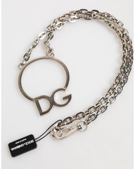Dolce & Gabbana White Tone Brass Chain Dg Logo Pendant Necklace for men