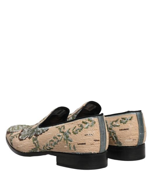 Dolce & Gabbana White Beige Sequin Embroidery Dress Loafers Shoes for men