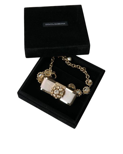 Dolce & Gabbana Metallic Brass Clear Crystal Bow Chain Choker Necklace
