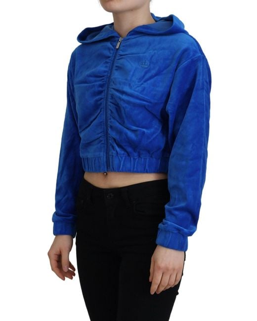 Juicy Couture Blue Cotton Full Zip Cropped Hooded Sweatshirt Sweater