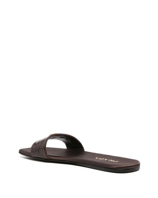 Prada Brown Triangle-Logo Embossed-Crocodile Slides