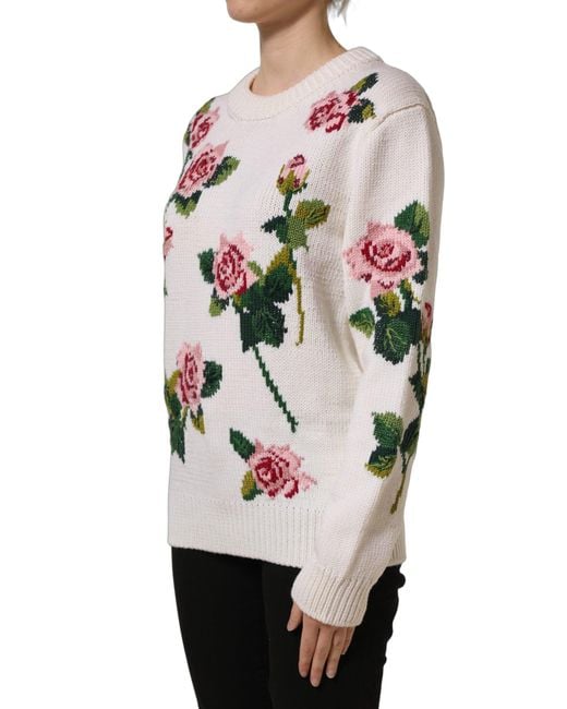 Dolce & Gabbana Black White Wool Floral Crew Neck Pullover Sweater