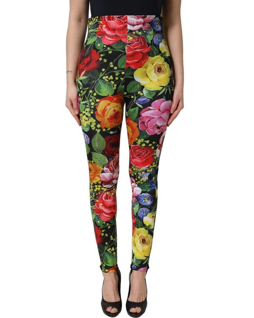 Dolce & Gabbana Yellow Multicolor Floral Stretch Jersey Leggings Pants