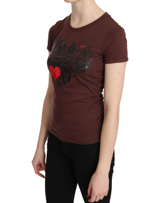 Exte Red Hearts Printed Round Neck T-shirt Top Brown Tsh3419