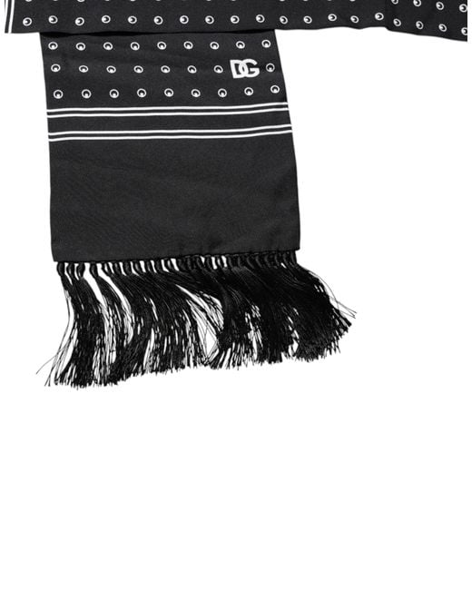 Dolce & Gabbana Black Polka Dotted Silk Skinny Fringes Scarf for men