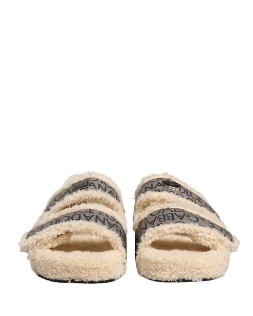Dolce & Gabbana Natural Beige Faux Fur Logo Print Flats Sandals Shoes for men