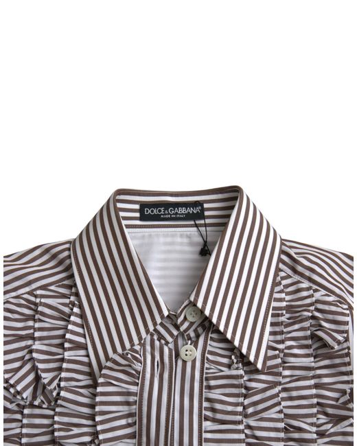 Dolce & Gabbana Gray Stripes Cotton Long Sleeves Ruffle Collar Top