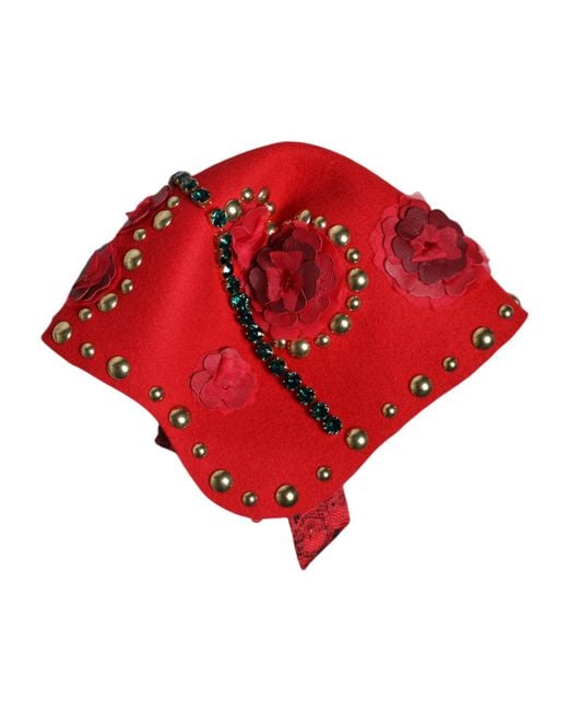 Dolce & Gabbana Red Crystal Gold Roses Brooch Embellished Hat for men