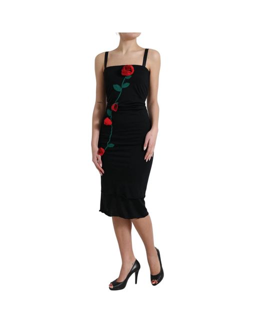 Dolce & Gabbana Black Wool Sleeveless Rose Applique Dress