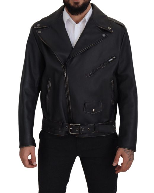 Dolce & Gabbana Black Elegant Leather Biker Jacket for men