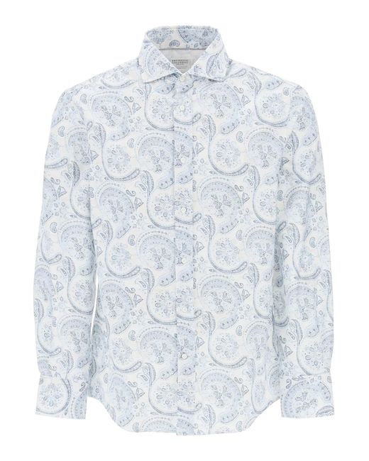 Brunello Cucinelli White Oxford Shirt With Paisley Pattern for men